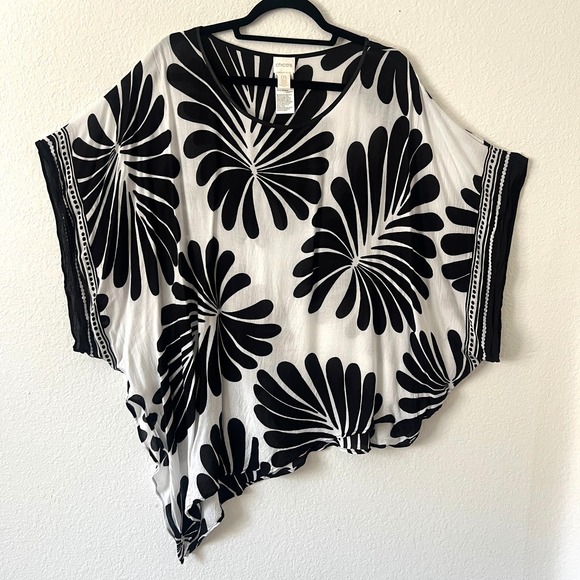 Chicos One Size / Sz XL Tropical Palm Print Side Tie Poncho Black White Vacation - Picture 2 of 6